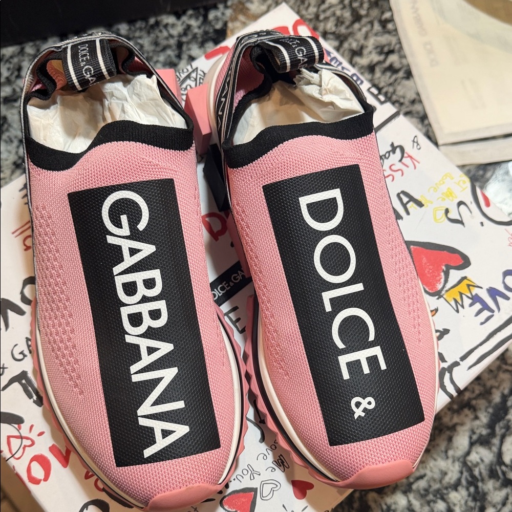 Dolce & Gabbana Pink Logo Slip-On Knit Sneakers with Black Accents